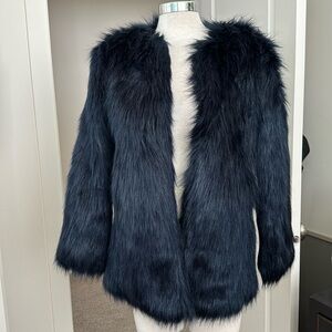 Navy Blue Stylish Faux Fur Coat Size M